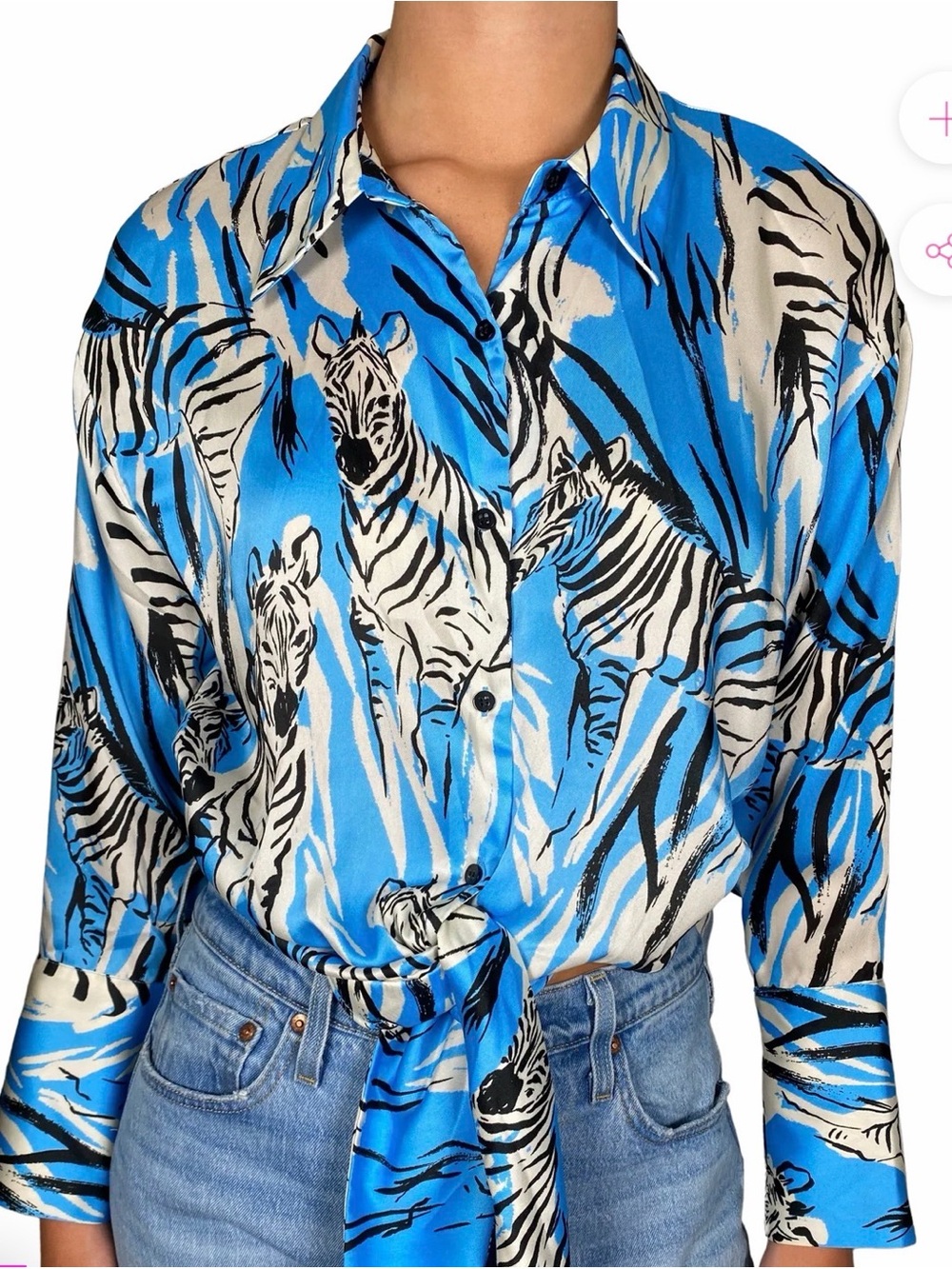 Zara Light Blue, Black & Cream Printed Blouse